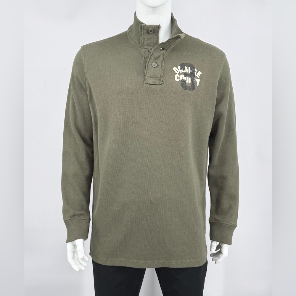Olive Green Rugged Henley Mock Neck Pullover